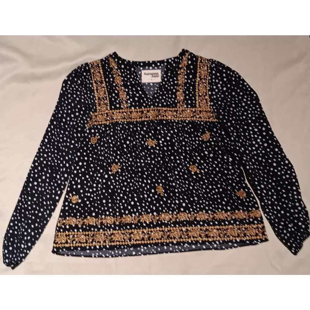 Savanna Jane Womens Black Embroidered Peasant Top V-Neck Prairie Size S Flowy